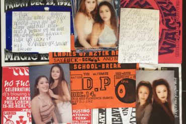 Photos of Chicanas collaged together with notes and party flyers