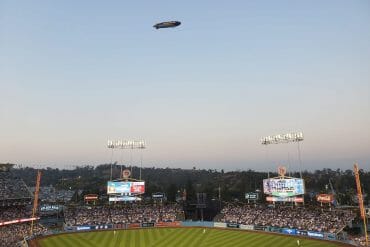 The Goodyear Blimp above Dodger Stadium