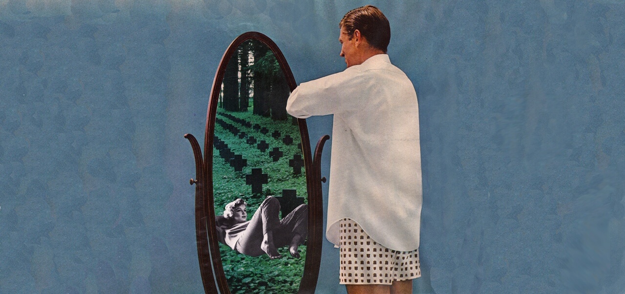 Collage of man looking at mirror and seeing Marilyn Monroe