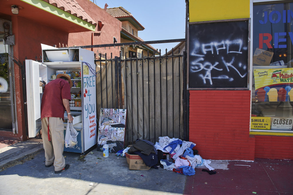 A community refrigerator located at 1436 W. Jefferson Blvd., Los Angeles, CA 90007.