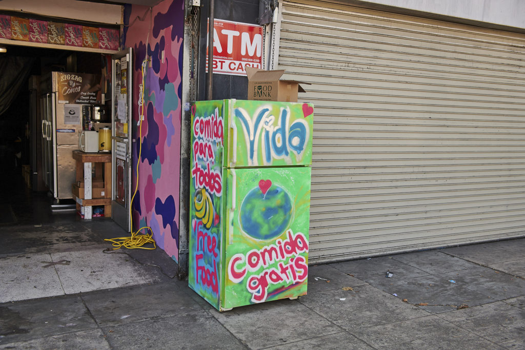 A community refrigerator located at 8609 S. Broadway, Los Angeles, CA 90003.