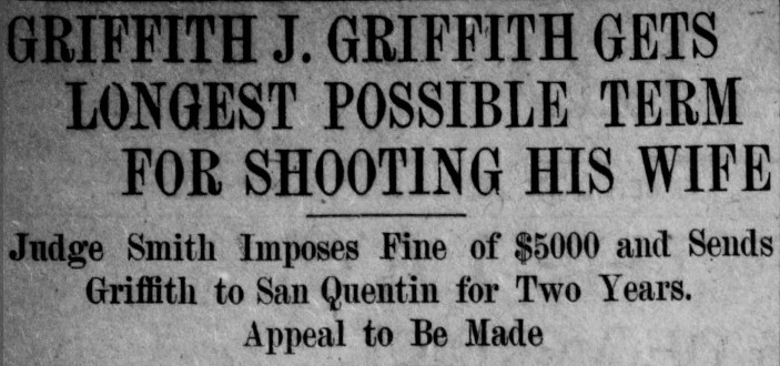 Headline image about Griffith J. Griffith's sentencing of 2 years in prison for killing his wife.