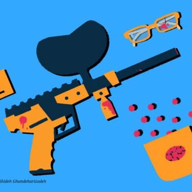 A digital illustration of an orange paintball gun, ammo, broken reading glasses and a crime scene number "2" marker against a bright-blue background.