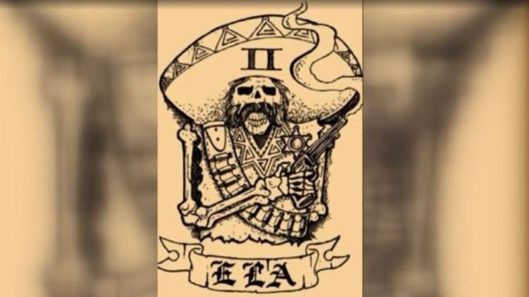 A black-and-white illustration of the alleged Banditos tattoo.