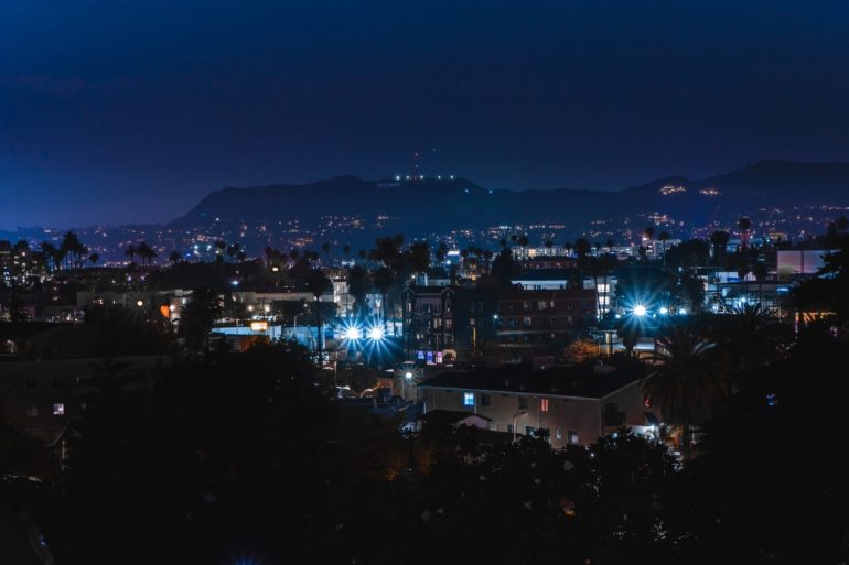 A shot of the Hollywood Hills and Griffith Observatory at night from the Westlake neighborhood of Los Angeles.