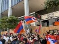 Protesters waving Armenian flags gathered outside CNN's L.A. offices on Sunset Boulevard.