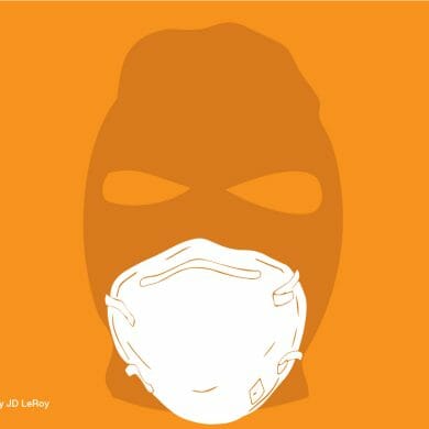 An orange illustration of a silhouette of a masked criminal wearing a white N95 face mask.