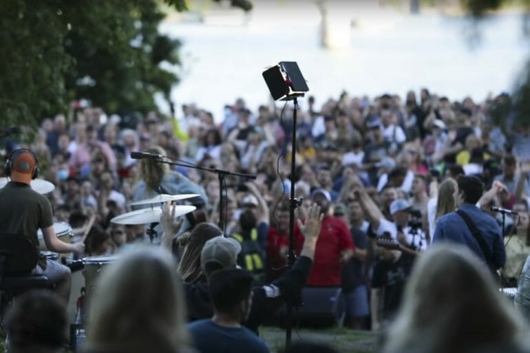 Sean Feucht performs at a concert in Portland, Oregon, in August 2020.